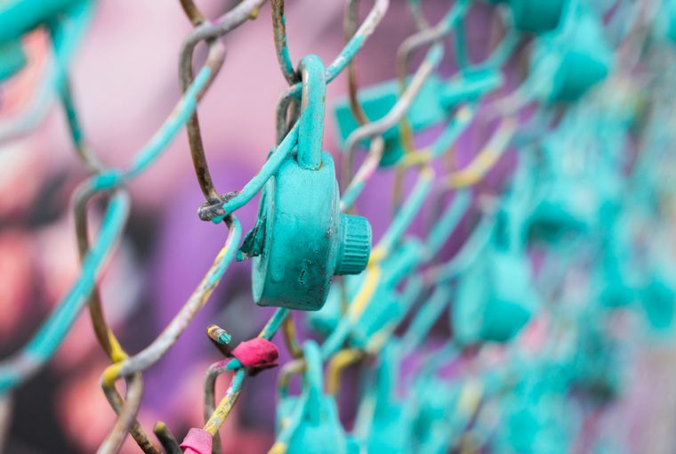 Close-up photo of a lock attached to a metal fence